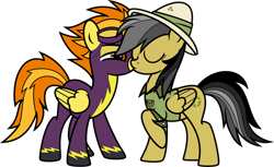 Size: 7000x4291 | Tagged: safe, alternate version, artist:icicle-niceicle-1517, artist:n0kkun, color edit, edit, daring do, spitfire, pegasus, pony, g4, bedroom eyes, clothes, collaboration, colored, costume, daringfire, eyes closed, female, goggles, hat, kissing, lesbian, mare, raised hoof, shadowbolts, shadowbolts costume, shipping, shirt, show accurate, simple background, transparent background