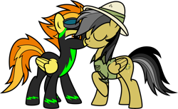 Size: 7000x4291 | Tagged: safe, alternate version, artist:icicle-niceicle-1517, artist:n0kkun, color edit, edit, daring do, spitfire, pegasus, pony, g4, bedroom eyes, clothes, collaboration, colored, daringfire, eyes closed, female, goggles, hat, kissing, lesbian, mare, raised hoof, shipping, shirt, show accurate, simple background, the washouts, transparent background, uniform, washouts uniform