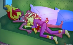 Size: 4096x2531 | Tagged: safe, artist:dieart77, sunset shimmer, equestria girls, g4, barefoot, breast pillow, clothes, couch, duality, duo, duo female, eyes closed, feet, female, pajamas, pillow, sleeping, sunset satan