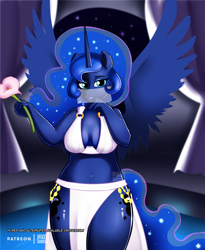 Size: 1500x1833 | Tagged: safe, artist:pixelbombpop, princess luna, alicorn, anthro, belly button, belly dancer outfit, both cutie marks, breasts, busty princess luna, ethereal mane, female, flower, mare, night, spread wings, starry mane, stars, stupid sexy princess luna, veil, wings