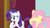 Size: 2000x1122 | Tagged: safe, screencap, fluttershy, rarity, pegasus, pony, unicorn, g4, too many pinkie pies, covering eyes, duo, female, mare, raised hoof, wince