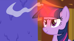 Size: 2000x1125 | Tagged: safe, screencap, twilight sparkle, pony, unicorn, g4, too many pinkie pies, female, glowing horn, horn, mare, red hot, smiling, smoke, smoking horn, solo, unicorn twilight