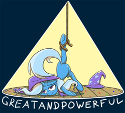 Size: 1135x1029 | Tagged: safe, artist:ikarooz, trixie, pony, unicorn, g4, caption, clothes, epic fail, fail, female, great and powerful, hat, lidded eyes, majestic as fuck, mare, rope, simple background, solo, stage, trixie's hat