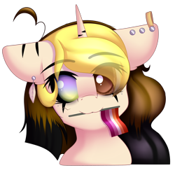 Size: 3000x3000 | Tagged: safe, artist:xcinnamon-twistx, part of a set, oc, oc only, pony, commission, ear piercing, earring, eye clipping through hair, female, flag, heterochromia, high res, jewelry, lesbian, lesbian pride flag, lgbt, looking at you, mouth hold, piercing, pride, pride flag, pride ponies, simple background, solo, transparent background, ych result