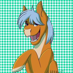 Size: 1080x1086 | Tagged: safe, artist:pastelkeys, oc, oc only, pegasus, pony, bust, hair over one eye, open mouth, orange background, pegasus oc, polka dot background, simple background, smiling, solo, wings
