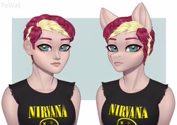 Size: 2560x1815 | Tagged: safe, artist:pewas, oc, oc:brown betty, human, anthro, alternate hairstyle, clothes, humanized, humanized oc, looking at you, nirvana, shirt, sleeveless, sleeveless shirt