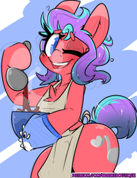 Size: 2550x3300 | Tagged: safe, artist:bbsartboutique, oc, oc only, oc:ruby simmer, crystal pony, apron, clothes, crystal pony oc, high res, one eye closed, wink, winking at you