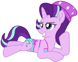 Size: 9059x7218 | Tagged: safe, alternate version, artist:ejlightning007arts, edit, starlight glimmer, pony, unicorn, g4, beanie, bikini, clothes, female, fixed, fixed image, hat, lying down, mare, sexy, sexy eyes, simple background, smiling, solo, stupid sexy starlight glimmer, swimsuit, transparent background, vector