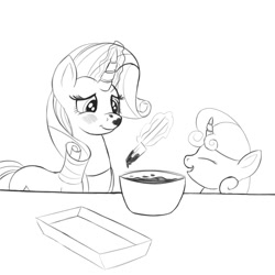 Size: 2000x2000 | Tagged: safe, artist:redquoz, rarity, sweetie belle, pony, unicorn, g4, apron, artist training grounds 2020, baking, belle sisters, blushing, brownies, clothes, cute, diasweetes, embarrassed, eyes closed, female, filly, food, high res, laughing, levitation, magic, mare, paintstorm studio, siblings, sisters, sketch, smiling, spatula, telekinesis