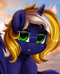 Size: 1443x1764 | Tagged: safe, artist:pridark, oc, oc only, oc:time vortex (kaifloof), alicorn, pony, alicorn oc, bust, chest fluff, commission, commissioner:kaifloof, cute, glasses, green eyes, horn, looking at you, portrait, raised hoof, simple background, solo, wings