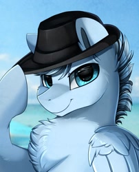 Size: 1424x1764 | Tagged: safe, artist:pridark, oc, oc only, oc:scirocco seaspray, pegasus, pony, chest fluff, commission, commissioner:kaifloof, cute, handsome, hat, hat tip, looking at you, male, pegasus oc, smiling, solo, trilby, wings