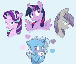 Size: 1920x1624 | Tagged: safe, artist:chub-wub, maud pie, starlight glimmer, trixie, twilight sparkle, alicorn, earth pony, pony, unicorn, g4, blue background, blushing, female, floppy ears, heart, horn, lesbian, letter, love letter, mare, redraw, ship:mauxie, ship:startrix, ship:twixie, shipping, simple background, trixie gets all the mares, twilight sparkle (alicorn)