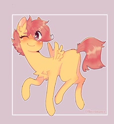 Size: 696x761 | Tagged: safe, artist:yumocloudyy, scootaloo, pegasus, pony, g4, blank flank, blushing, chest fluff, cute, cutealoo, ear fluff, eye clipping through hair, eyebrows, eyebrows visible through hair, female, filly, leg fluff, one eye closed, purple background, simple background, solo, wink