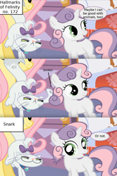 Size: 1244x1872 | Tagged: safe, edit, edited screencap, editor:korora, screencap, fluttershy, opalescence, sweetie belle, g4, stare master, 9 chickweed lane, bow, carousel boutique, cut mane, ei, hallmarks of felinity, inset, smiling, smirk, sound effects, speech bubble