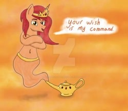 Size: 400x346 | Tagged: safe, artist:johnathon-matthews, artist:milwaukeeroadbrony, oc, oc:khunis jirall, alicorn, genie, genie pony, pony, deviantart watermark, dialogue, magic lamp, obtrusive watermark, watermark