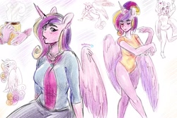 Size: 3000x2000 | Tagged: safe, artist:kaikururu, princess cadance, alicorn, anthro, plantigrade anthro, g4, bodysuit, breasts, clothes, eyes closed, female, floating heart, hair bun, heart, high res, jewelry, locket, mare, milf, mug, necklace, ring, signature, sketch, sketch dump, sketch page, solo, sweater, traditional art