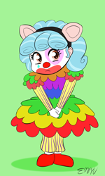 Size: 600x1000 | Tagged: safe, artist:empyu, cozy glow, derpibooru, equestria girls, g4, 30 minute art challenge, animal crossing, clothes, clown, clown makeup, clown nose, clowny glow, cosplay, costume, equestria girls-ified, female, green background, juxtaposition, juxtaposition win, meme, meta, pietro (animal crossing), red nose, simple background, solo