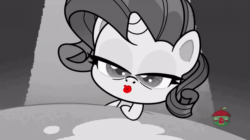 Size: 800x449 | Tagged: safe, screencap, pinkie pie, rarity, earth pony, pony, unicorn, g4.5, my little pony: pony life, princess probz, animated, black and white, blowing a kiss, female, gif, grayscale, musical instrument, noir, out of context, partial color, rarity being rarity, red lipstick, saxophone, talking, treehouse logo
