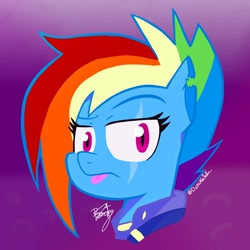 Size: 1000x1000 | Tagged: safe, artist:darukeitaku, rainbow dash, pegasus, pony, g4, :p, abstract background, alternate timeline, apocalypse dash, bust, clothes, crystal war timeline, eye scar, female, portrait, scar, signature, solo, tongue out, torn clothes, torn ear