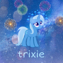 Size: 2734x2734 | Tagged: safe, artist:fiurercastellanos, trixie, pony, unicorn, g4, cute, diatrixes, female, fireworks, high res, mare, simple background, solo, stars, text