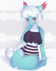 Size: 3828x4840 | Tagged: safe, artist:vanilla, oc, oc only, oc:angela de medici, anthro, clothes, ear feathers, female, looking at you, simple background, smiling, solo, swimsuit