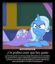 Size: 650x746 | Tagged: safe, edit, edited screencap, screencap, trixie, pony, unicorn, a matter of principals, g4, angry, cropped, demotivational poster, female, frown, lying down, mare, meme, shrunken pupils, solo, spanish, text, translated in the comments