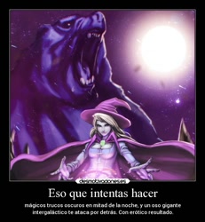 Size: 650x702 | Tagged: safe, artist:mrs1989, edit, trixie, bear, human, ursa, ursa minor, boast busters, g4, demotivational poster, female, humanized, meme, spanish, text, translated in the comments