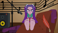 Size: 1259x720 | Tagged: safe, artist:cesar3o0, aria blaze, equestria girls, g4, barefoot, bondage, boots, clothes, couch, feather, feet, fetish, foot fetish, foot focus, imminent tickles, levitation, magic, microphone, rope, rope bondage, shoes, show accurate, socks, soles, speaker, telekinesis, tied up
