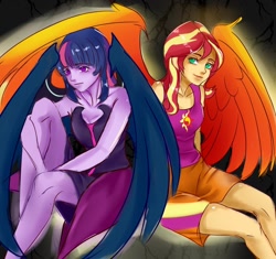 Size: 1280x1205 | Tagged: dead source, source needed, safe, artist:reinver, sci-twi, sunset shimmer, twilight sparkle, equestria girls, g4, bare shoulders, clothes, duo, midnight sparkle, shorts, sleeveless, tank top, tube top, wings