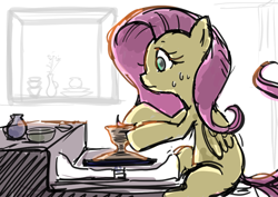 Size: 1032x729 | Tagged: safe, artist:fuyugi, part of a set, fluttershy, pegasus, pony, g4, clay, female, pottery, pottery wheel, sitting, solo, sweat, vase