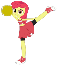 Size: 5653x6462 | Tagged: safe, artist:rj-streak, apple bloom, equestria girls, g4, adorabloom, cheerleader, cheerleader outfit, clothes, converse, crossover, cute, female, looking at you, pose, raised leg, shoes, shorts, shorts under skirt, simple background, skirt, smiling, smiling at you, sneakers, solo, sports bra, sports shoes, sports skirt, standing, standing on one leg, super mario strikers, tomboy, transparent background