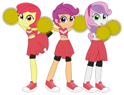Size: 6263x4803 | Tagged: safe, artist:rj-streak, apple bloom, scootaloo, sweetie belle, equestria girls, g4, adorabloom, cheerleader, cheerleader outfit, clothes, converse, crossover, cute, cutealoo, cutie mark crusaders, diasweetes, female, looking at you, raised leg, shoes, shorts, simple background, skirt, sneakers, sports bra, sports shoes, sports skirt, super mario strikers, tomboy taming, transparent background
