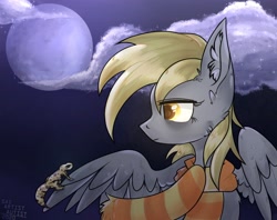 Size: 2900x2300 | Tagged: safe, artist:lichy_fantom, derpy hooves, gecko, lizard, pegasus, pony, g4, clothes, cloud, duo, ear fluff, female, high res, looking at each other, mare, melancholy, moon, night, scarf, wing hold