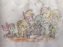 Size: 1136x852 | Tagged: safe, artist:kabayo, apple bloom, applejack, big macintosh, bright mac, granny smith, pear butter, oc, oc:anon, earth pony, human, pony, g4, colored, female, filly, male, mare, stallion, traditional art