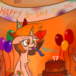 Size: 3500x3500 | Tagged: safe, artist:mjsw, oc, oc only, oc:majuvelliy, pony, unicorn, balloon, birthday, cake, female, food, hat, heterochromia, high res, mare, party hat, party horn, solo