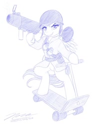 Size: 1024x1366 | Tagged: safe, artist:novaintellus, scootaloo, pony, semi-anthro, g4, arm hooves, atg 2020, clothes, female, monochrome, newbie artist training grounds, rocket launcher, scooter, simple background, soldier, soldier (tf2), solo, team fortress 2, white background