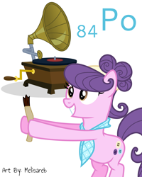 Size: 6400x8000 | Tagged: safe, artist:melisareb, part of a set, suri polomare, earth pony, pony, series:joycall6's periodic table, g4, .svg available, absurd resolution, anti-static brush, bandana, brush, cute, female, inkscape, mare, name pun, periodic table, phonograph, polonium, simple background, smiling, solo, suribetes, text, vector, white background