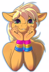 Size: 1280x1890 | Tagged: safe, artist:banoodle, applejack, earth pony, anthro, g4, bedroom eyes, bondage, bound wrists, bust, female, freckles, lip bite, looking at you, pansexual, pansexual pride flag, pride, pride flag, simple background, solo, white background, ych example, your character here