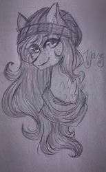 Size: 486x789 | Tagged: safe, artist:waterart350087, oc, oc only, oc:yasy, pony, beanie, bust, clothes, female, hat, mare, monochrome, portrait, scarf, solo, traditional art