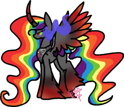 Size: 637x551 | Tagged: safe, artist:void-adoptables, king sombra, rainbow dash, alicorn, pony, umbrum, g4, chestplate, colored horn, colored wings, colored wingtips, curved horn, dark magic, dark queen, female, fusion, horn, jewelry, leg fluff, magic, multicolored hair, multicolored wings, necklace, queen rainbow, queen rainbow dash, rainbow hair, rainbow tail, rainbow wings, red hooves, regalia, simple background, solo, sombra eyes, sombra horn, transparent background, two toned wings, wavy hair, wavy mane, wavy tail, wings