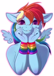 Size: 1350x1890 | Tagged: safe, artist:banoodle, rainbow dash, pegasus, anthro, g4, bedroom eyes, bondage, bound wrists, bust, female, floating wings, lip bite, looking at you, pride, pride flag, simple background, solo, white background, wings, ych example, your character here