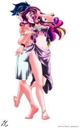 Size: 2754x4376 | Tagged: safe, alternate version, artist:mauroz, princess cadance, shining armor, human, g4, anime, barefoot, belly button, bracelet, breasts, cleavage, ear piercing, earring, feet, female, humanized, jewelry, male, necklace, piercing, ship:shiningcadance, shipping, simple background, straight, tattoo, transparent background