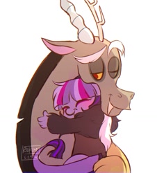 Size: 925x1025 | Tagged: safe, artist:riukime, discord, oc, oc:jinx, draconequus, hybrid, g4, blushing, father and child, father and daughter, female, filly, hug, interspecies offspring, male, offspring, one eye closed, parent:discord, parent:twilight sparkle, parents:discolight, simple background, white background