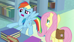 Size: 1920x1080 | Tagged: safe, screencap, fluttershy, rainbow dash, pegasus, pony, daring doubt, bag, book, duo, female, flying, mare, saddle bag