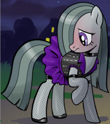 Size: 610x687 | Tagged: safe, artist:pencils, edit, marble pie, earth pony, pony, comic:marble mare manquee, g4, blushing, clothes, cropped, cute, dress, female, fishnet stockings, marblebetes, mare, solo, stockings, thigh highs