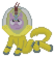 Size: 212x224 | Tagged: safe, artist:nitobit, derpibooru exclusive, oc, oc only, oc:puppysmiles, kirin, pony, fallout equestria, fallout equestria: pink eyes, fanfic art, female, filly, hazmat suit, kirin-ified, pixel art, radiation suit, simple background, solo, species swap, transparent background