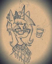 Size: 1392x1732 | Tagged: safe, artist:wirelesspony, princess luna, alicorn, pony, g4, bust, clothes, coffee, coffee cup, cup, ear piercing, earring, female, glasses, hipster, jewelry, lidded eyes, magic, monochrome, piercing, s1 luna, shawl, solo, telekinesis, traditional art