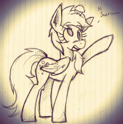 Size: 1938x1955 | Tagged: safe, artist:wirelesspony, derpy hooves, pegasus, pony, g4, female, food, implied soarin', lined paper, monochrome, muffin, sketch, solo, traditional art, waving