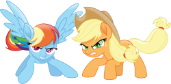 Size: 6092x3000 | Tagged: safe, artist:cloudy glow, artist:yanoda, applejack, rainbow dash, earth pony, pegasus, pony, g4, my little pony: the movie, .ai available, absurd resolution, cowboy hat, cutie mark, duo, female, freckles, hat, mare, movie accurate, protective pose, simple background, stetson, teeth, transparent background, vector, wings