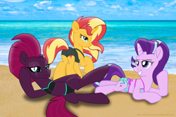 Size: 3000x2000 | Tagged: safe, artist:ejlightning007arts, fizzlepop berrytwist, starlight glimmer, sunset shimmer, tempest shadow, pony, unicorn, equestria girls, g4, beach, bikini, broken horn, bunset shimmer, butt, clothes, counterparts, eye scar, female, high res, horn, looking at you, lying down, mare, plot, ponified, raised hoof, scar, sexy, stupid sexy starlight glimmer, stupid sexy sunset shimmer, stupid sexy tempest shadow, swimsuit, twilight's counterparts